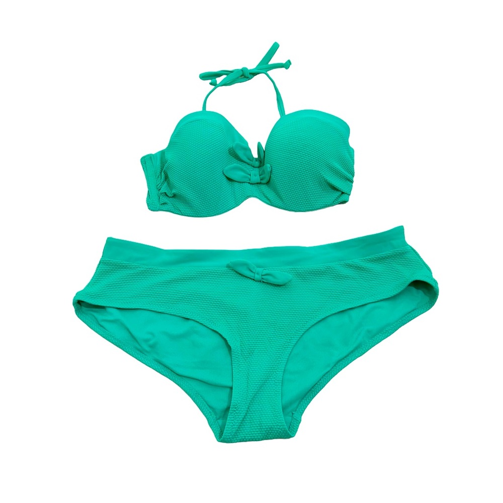 Mariemeili Apple Green Textured 2 Piece Bikini With Bow Design, Size 32D, Large